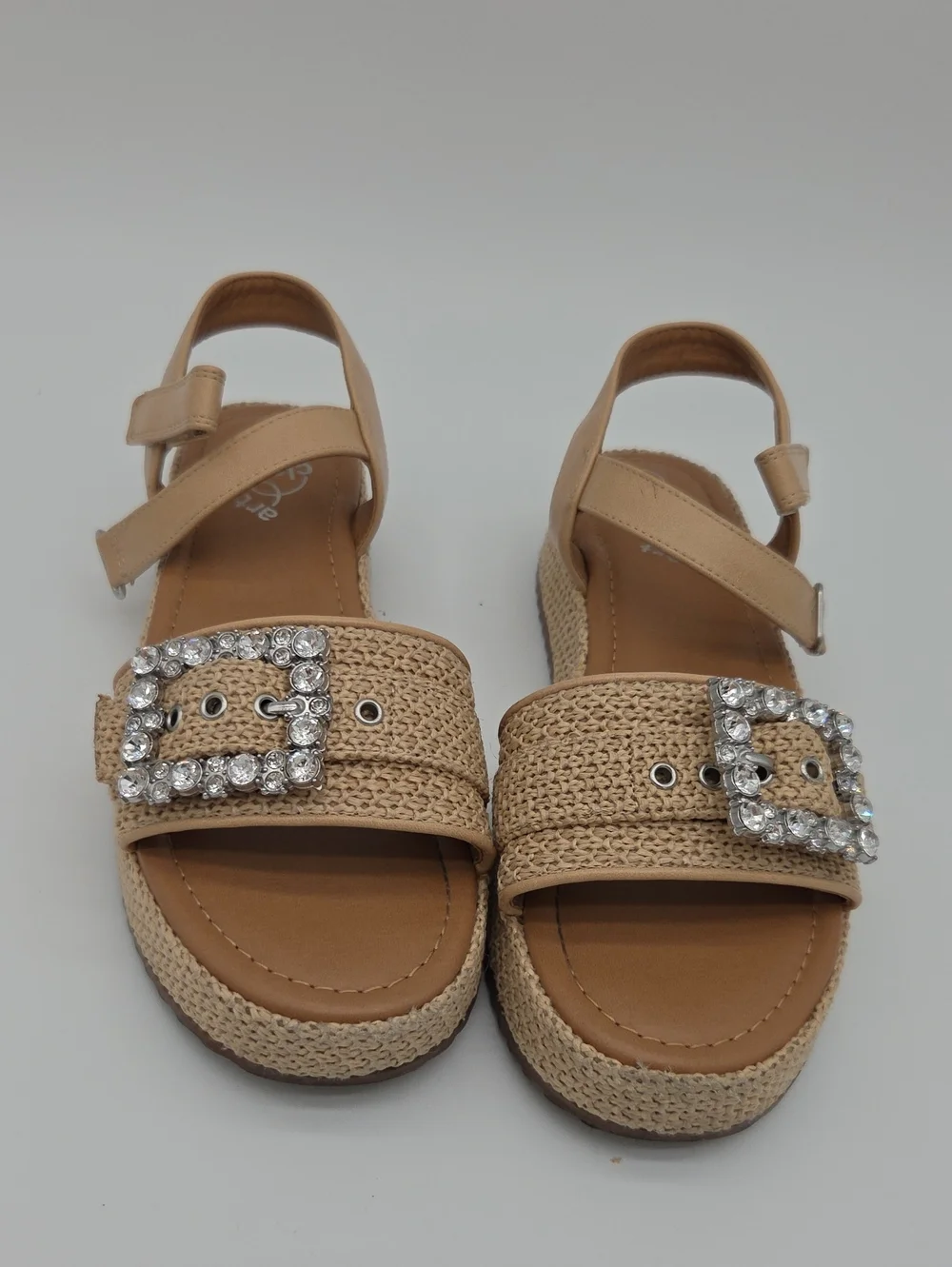 #026 Beige Raffia Platform Sandals with Crystal Buckles